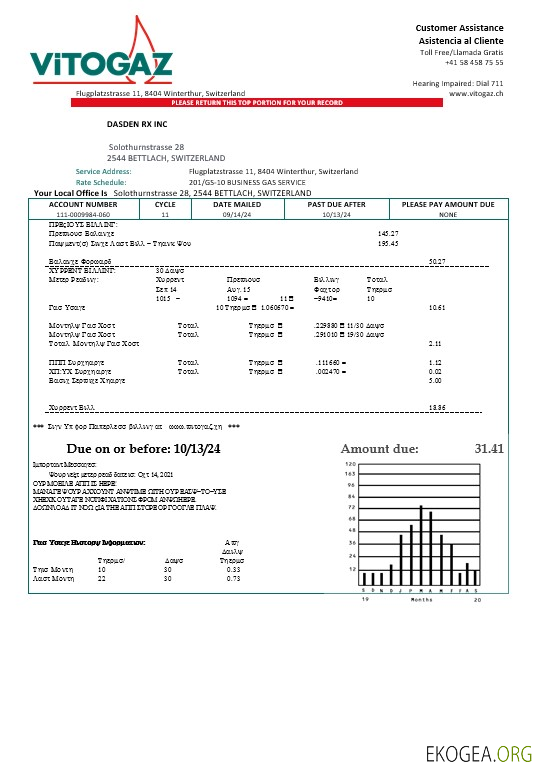 Modèle de facture de services publics pour les entreprises Vitogaz Switzerland AG, entièrement modifiable aux formats Word et PDF